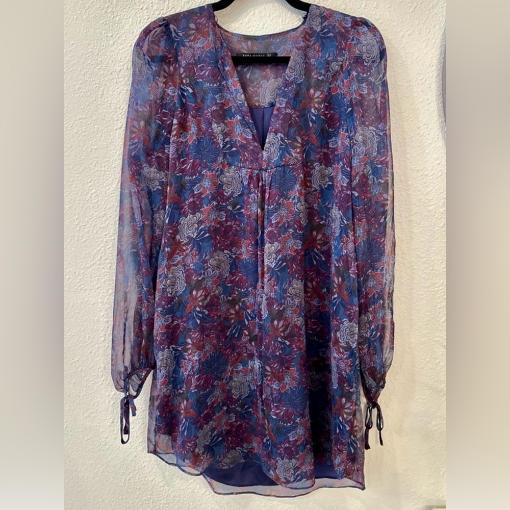 Zara Floral Chiffon Blouse - Blue and Red